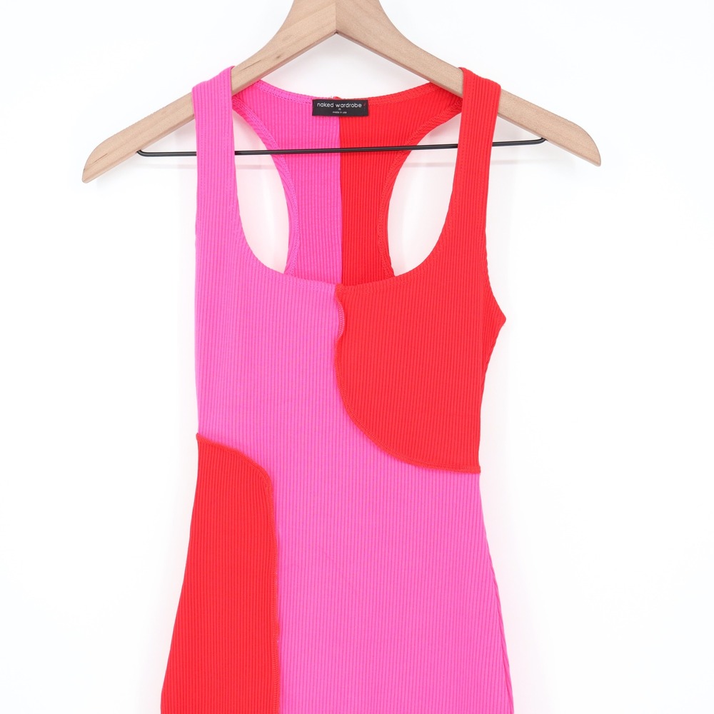 Naked Wardrobe Pink Red Colorblock Ribbed Midi Bodycon Dress M - Picture 2 of 7